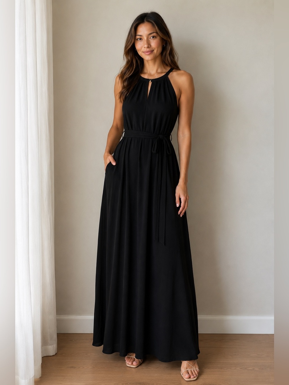 Eileen Fisher Women Sz S/P Black Halter Sleeveless Maxi Belt Dress Coastal Chic